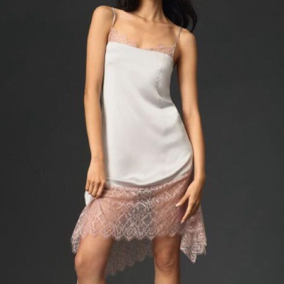 NWT Anthropologie Lace-Trimmed Asymmetrical Midi Slip Dress Gray Pink Size 8 NEW - Picture 4 of 16